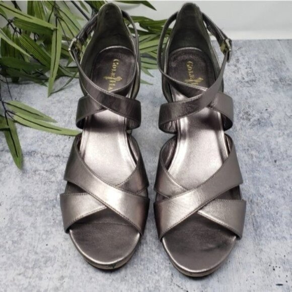 Cole Haan | Gunmetal Gray Silver Espadrille Wedge Sandals - Picture 8 of 10